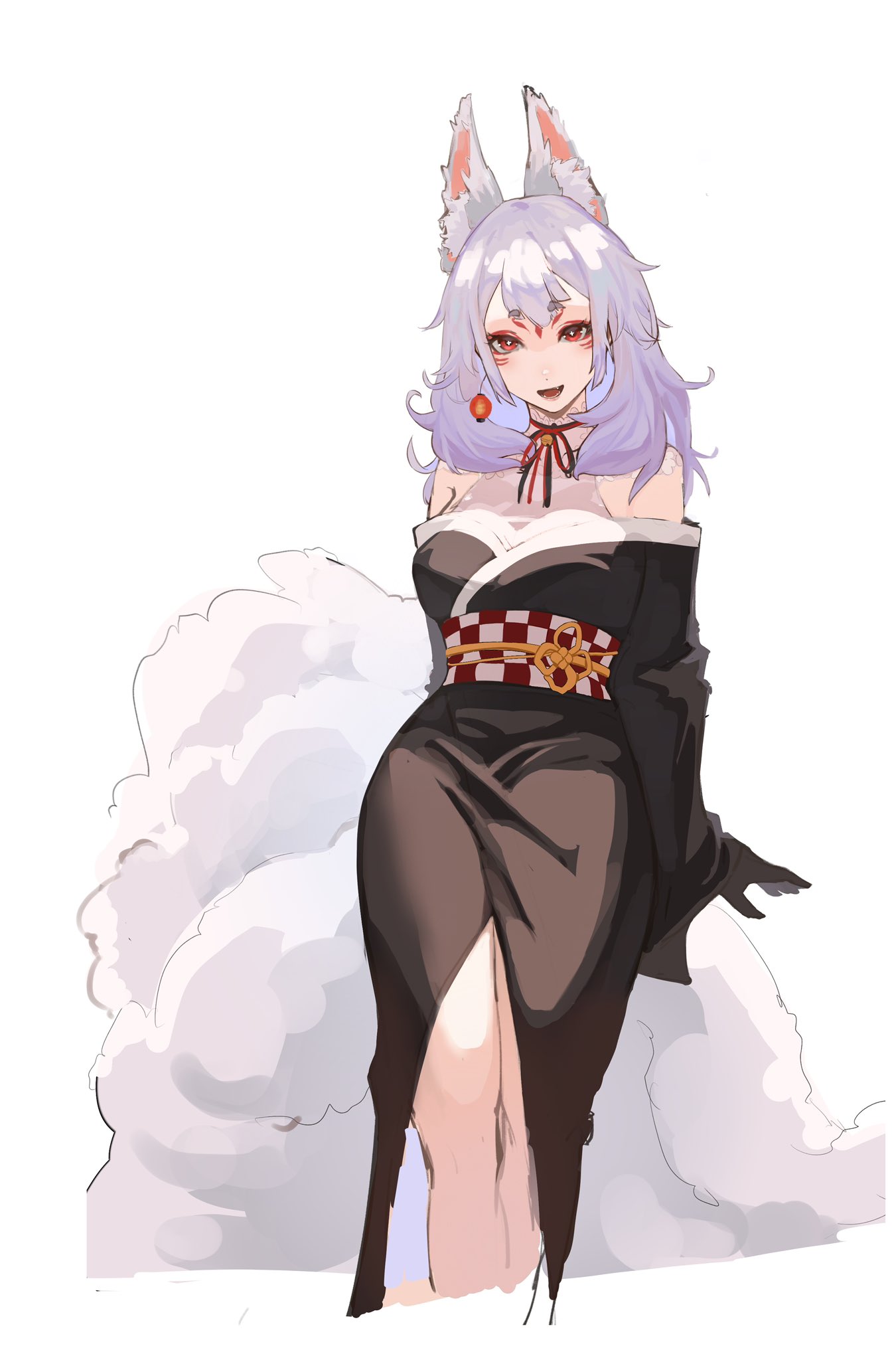1girl, animal_ears, bangs, black_gloves, black_kimono, black_ribbon, breasts, checkered_obi, english_commentary, eyebrows_visible_through_hair, eyeshadow, facial_mark, forehead_mark, fox_ears, fox_girl, fox_tail, gloves, grey_hair, halter_top, halterneck, highres, japanese_clothes, kimono, laolihecha, large_breasts, makeup, medium_hair, multiple_tails, neck_ribbon, nijisanji, nijisanji_en, nina_kosaka, off_shoulder, red_eyes, red_eyeshadow, ribbon, smile, solo, tail, virtual_youtuber, white_background