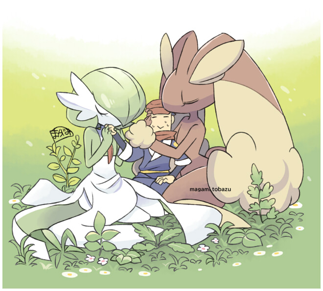 1boy, 2girls, :>, alpha_pokemon, animal_ears, artist_name, bangs, black_hair, blue_kimono, bob_cut, body_fur, border, brown_fur, cabbie_hat, closed_eyes, closed_mouth, colored_skin, commentary_request, day, flat_chest, flower, furry, furry_female, furry_with_non-furry, gardevoir, gradient, gradient_background, grass, green_background, green_hair, green_skin, hair_over_one_eye, hand_on_another's_head, hand_on_own_thigh, hand_up, hands_up, hat, head_hug, hetero, holding_hands, interspecies, japanese_clothes, kimono, kiss, kissing_hand, layered_sleeves, long_sleeves, lopunny, magami_tobazu, multicolored_skin, multiple_girls, nervous, on_ground, one_eye_covered, outdoors, own_hands_together, pokemon, pokemon_(creature), pokemon_(game), pokemon_legends:_arceus, rabbit_ears, rabbit_girl, rabbit_tail, red_headwear, red_scarf, rei_(pokemon), scarf, shiny, shiny_hair, short_hair, short_over_long_sleeves, short_sleeves, signature, simple_background, sitting, sweat, tail, two-tone_fur, two-tone_skin, u_u, wariza, watermark, white_border, white_flower, white_skin, yellow_fur, yokozuwari