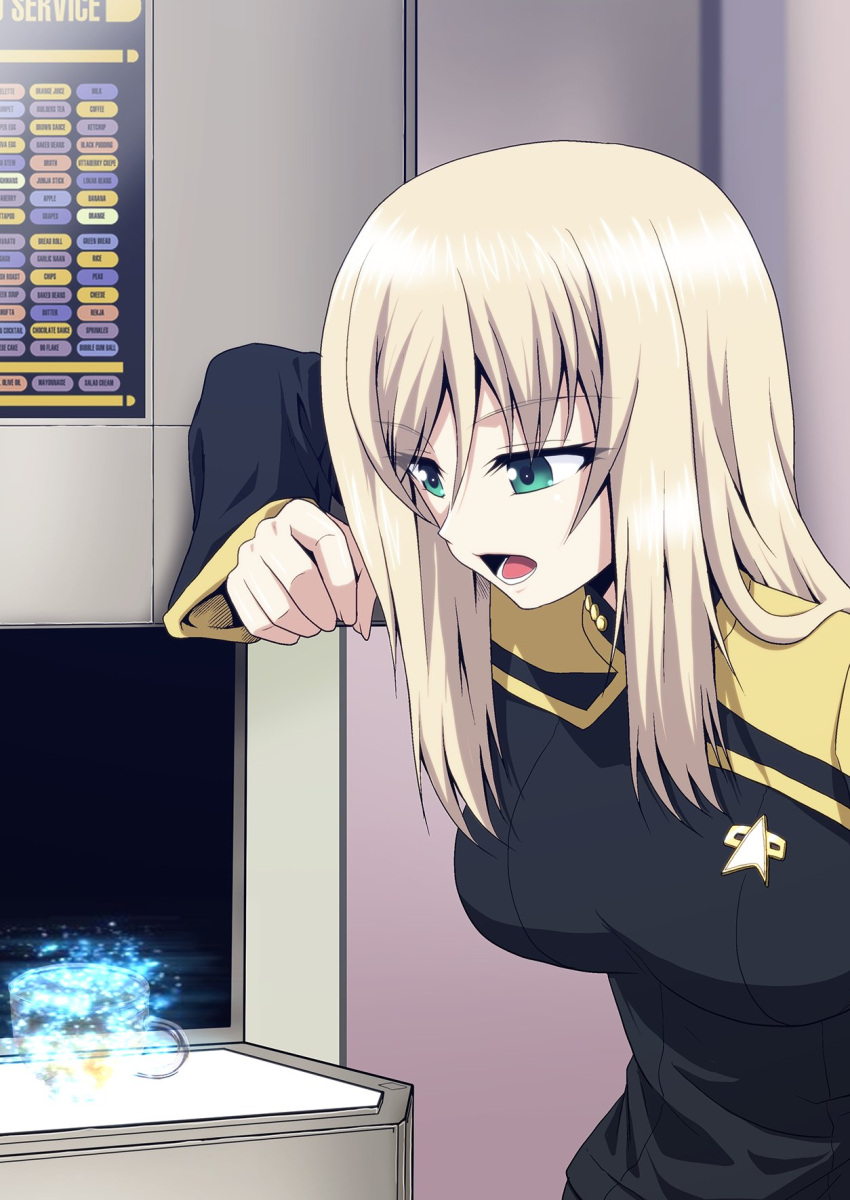 1girl, alternate_costume, blonde_hair, blue_eyes, commission, earl_grey_(girls_und_panzer), eyebrows_visible_through_hair, girls_und_panzer, highres, kamishima_kanon, long_hair, open_mouth, skeb_commission, solo, star_trek, starfleet_uniform, tagme