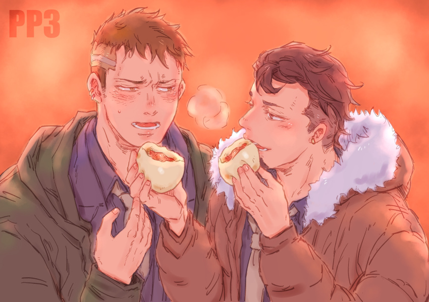 2boys, black_hair, black_shirt, blush, brown_hair, earrings, food, fur-trimmed_hood