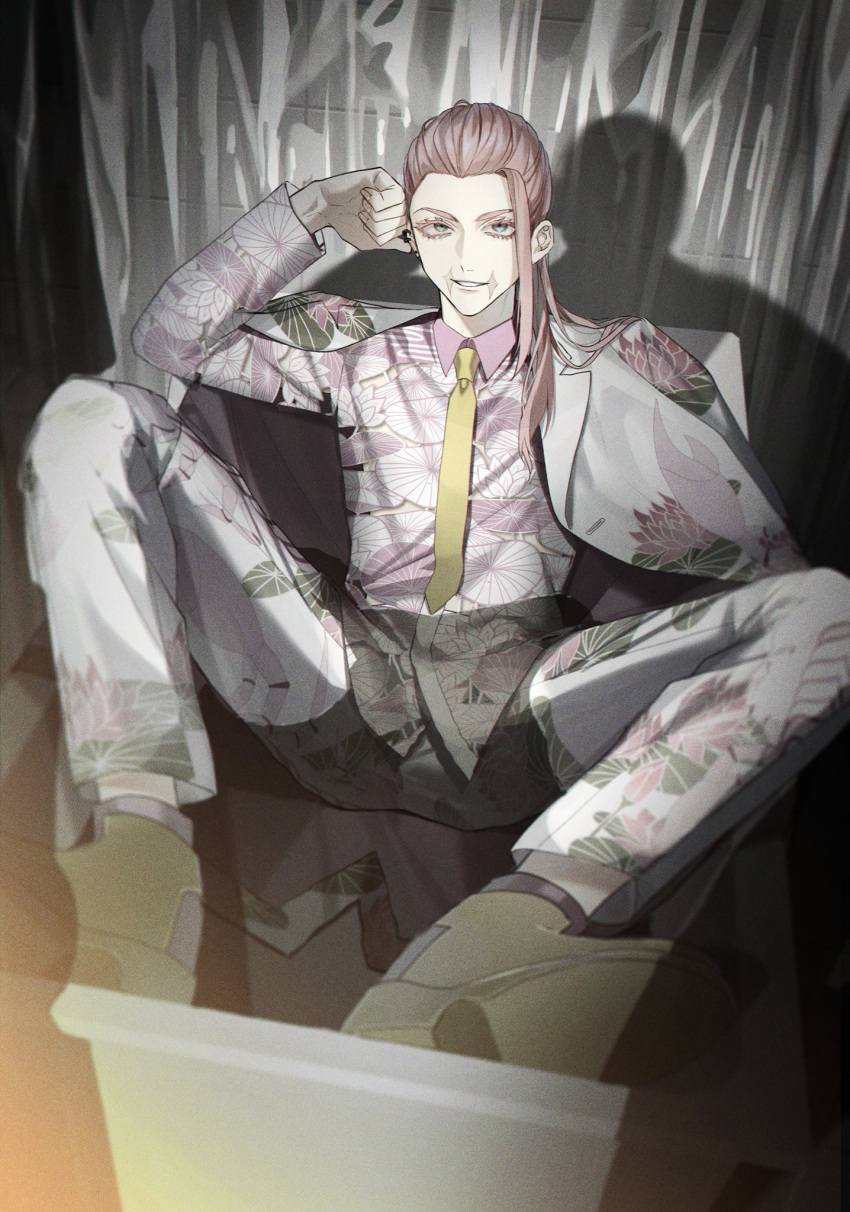 1boy, arm_up, brown_footwear, collared_shirt, dress_shirt, earrings, formal, full_body