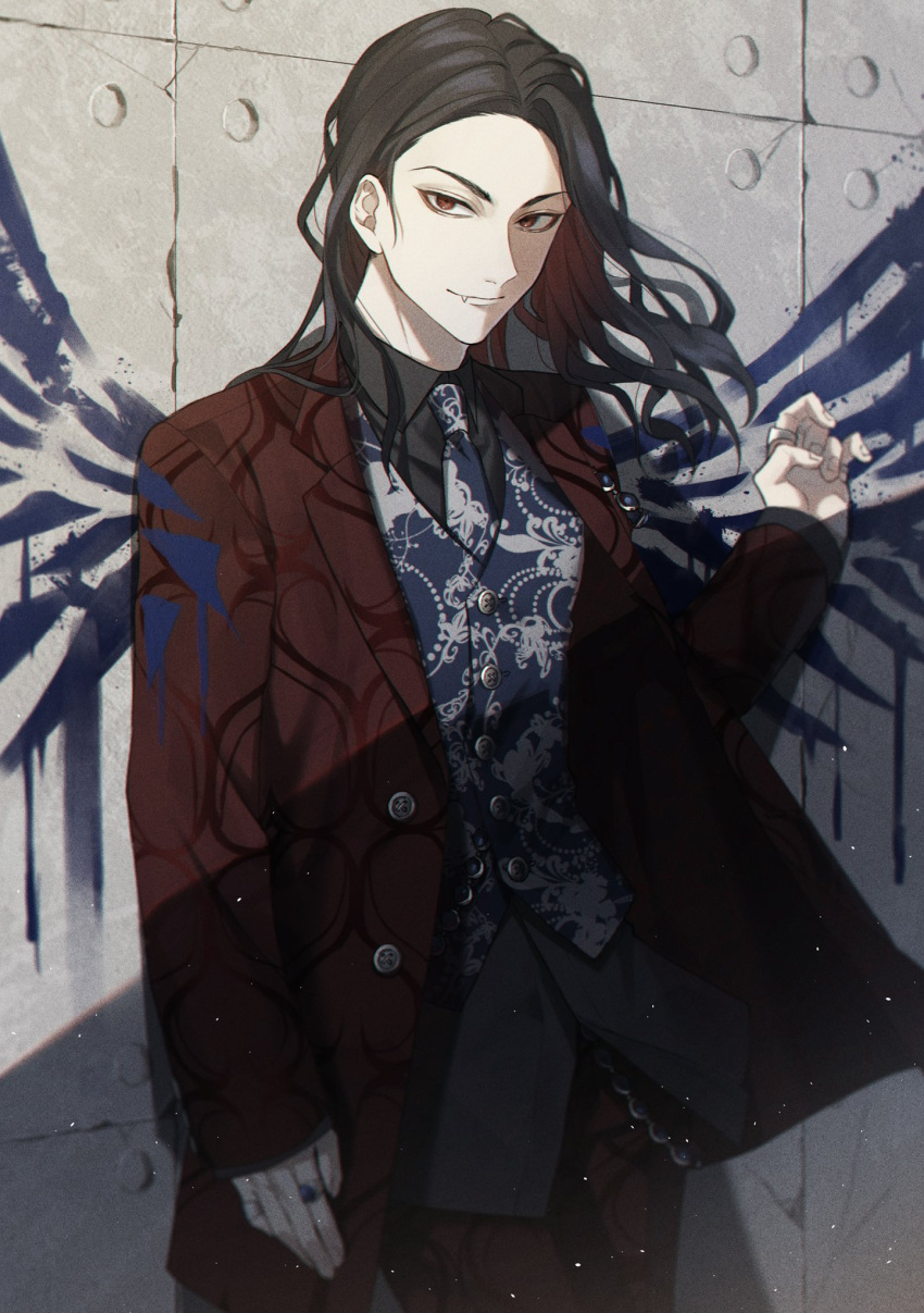 1boy, baji_keisuke, black_hair, black_shirt, blue_necktie, blue_vest, closed_mouth, collared_shirt