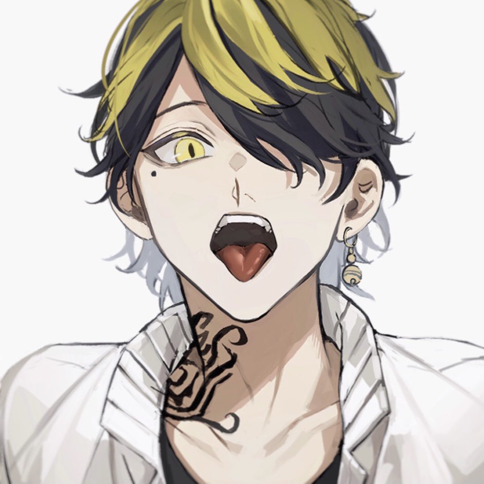 1boy, bangs, bell, black_hair, blonde_hair, collarbone, earrings, hair_over_one_eye, hanemiya_kazutora, jacket, jewelry, looking_at_viewer, male_focus, medium_hair, mole, mole_under_eye, multicolored_hair, neck_tattoo, open_mouth, ori_x_000, portrait, simple_background, single_earring, solo, swept_bangs, tattoo, tokyo_revengers, tongue, tongue_out, tsurime, two-tone_hair, white_background, white_jacket, yellow_eyes