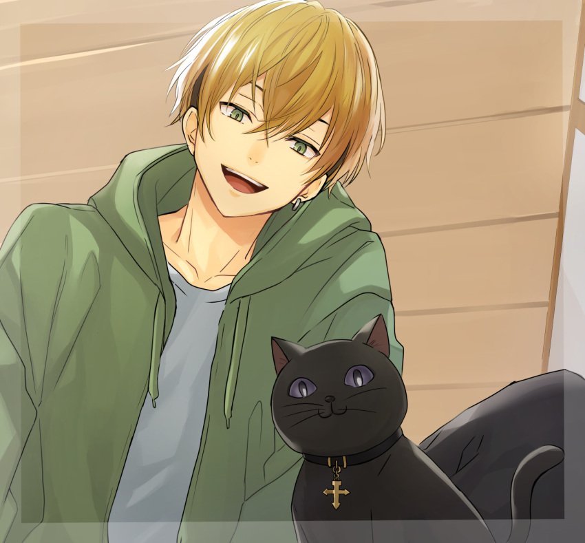 1boy, animal, bangs, black_cat, black_hair, blonde_hair, cat, collarbone