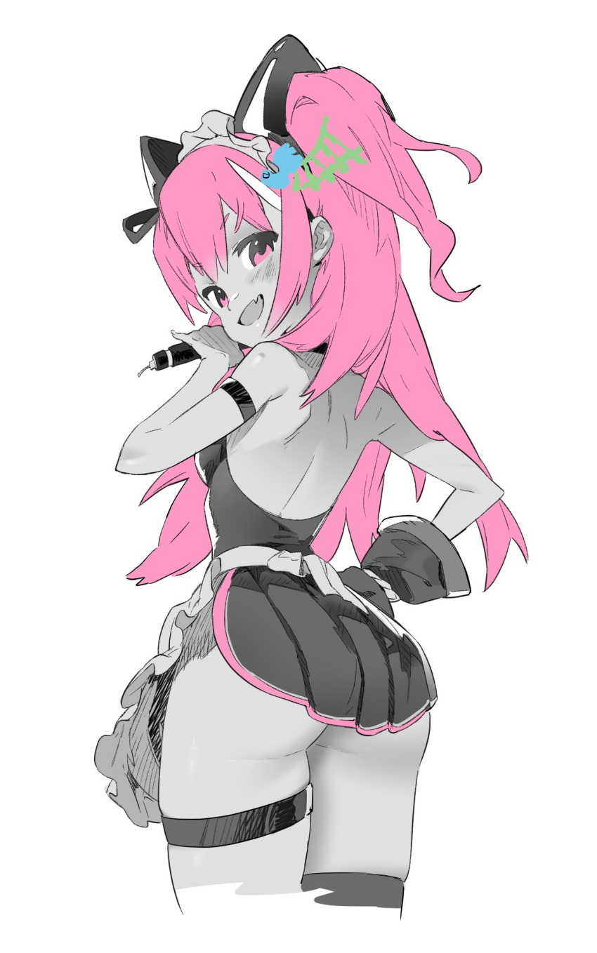 1girl, alchemy_stars, apron, armband, ass, backless_dress, backless_outfit, bangs