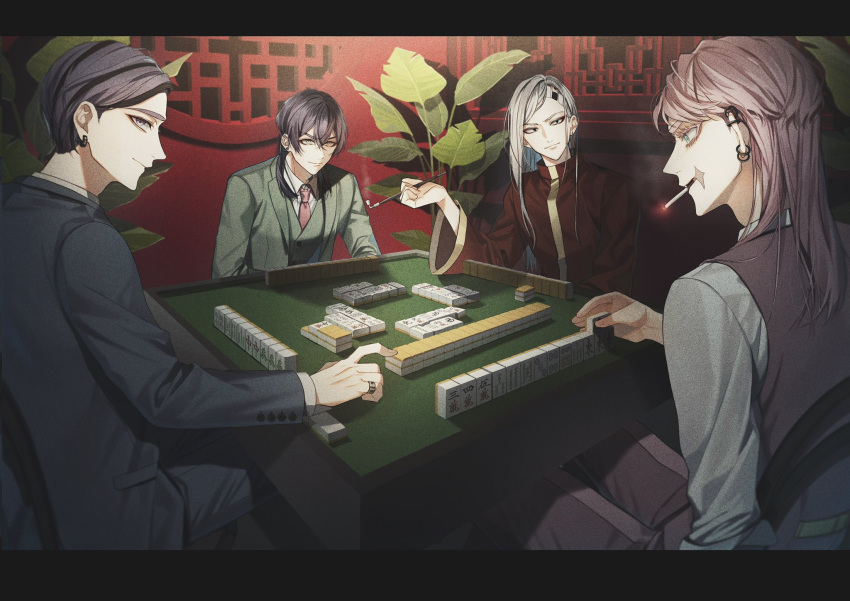 4boys, black_eyes, black_hair, black_jacket, black_pants, black_suit, blue_eyes, cigarette