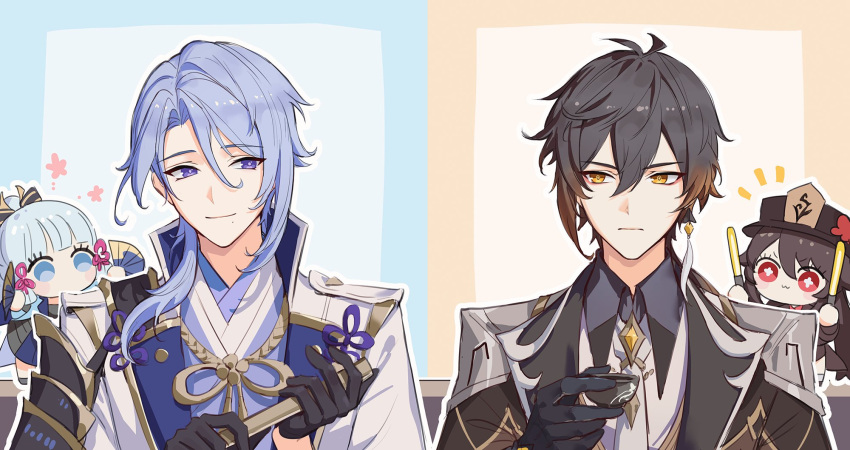 0jae, 2boys, 2girls, :3, armor, bangs, black_gloves, black_hair