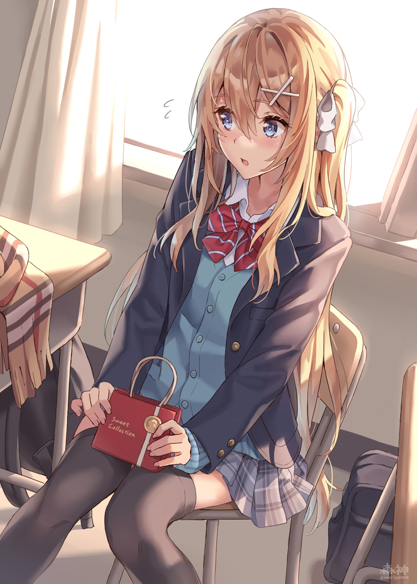 1girl, artist_name, bag, black_legwear, blazer, blonde_hair, blue_eyes, bow