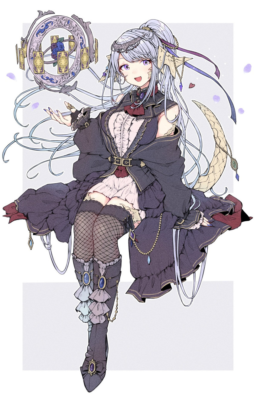 1girl, :d, ascot, astrologian_(final_fantasy), au_ra, avatar_(ff14), bangs, belt, black_footwear, boots, brooch, card, center_frills, commentary, dragon_horns, dragon_tail, final_fantasy, final_fantasy_xiv, fishnet_legwear, fishnets, frills, full_body, hand_up, high_ponytail, highres, horns, jacket, jewelry, knee_boots, long_hair, looking_at_viewer, mokokoiro, nail_polish, off_shoulder, open_mouth, ponytail, purple_jacket, purple_nails, red_ascot, scales, silver_hair, sitting, smile, solo, swept_bangs, tail, tail_raised, thigh-highs, tiara, two-tone_background, violet_eyes