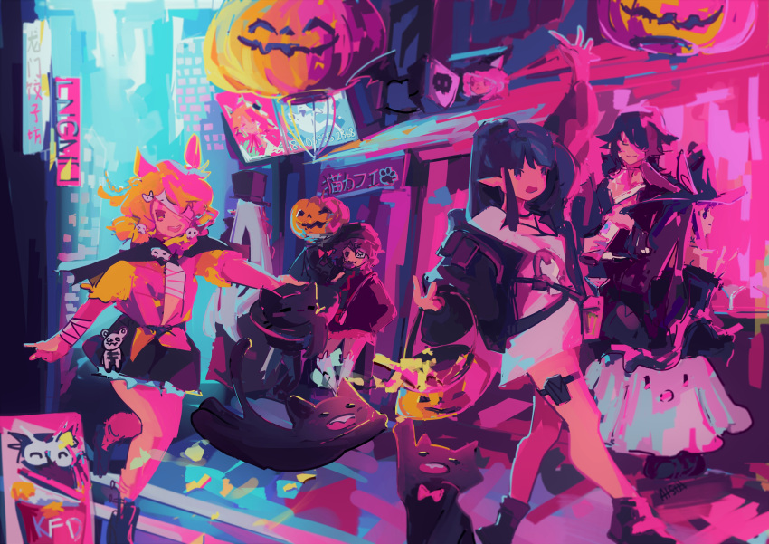 3boys, 4girls, absurdres, aisudoki, arknights, black_hair, blonde_hair, bow