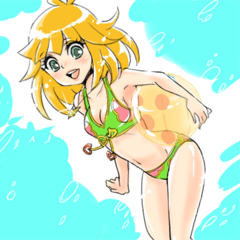 ai-chan, beachball, bikini, blonde_hair, face, green_eyes, hoshino_lala, kaminari_ai, short_hair, swimsuit, time_bokan_(series), yatterman