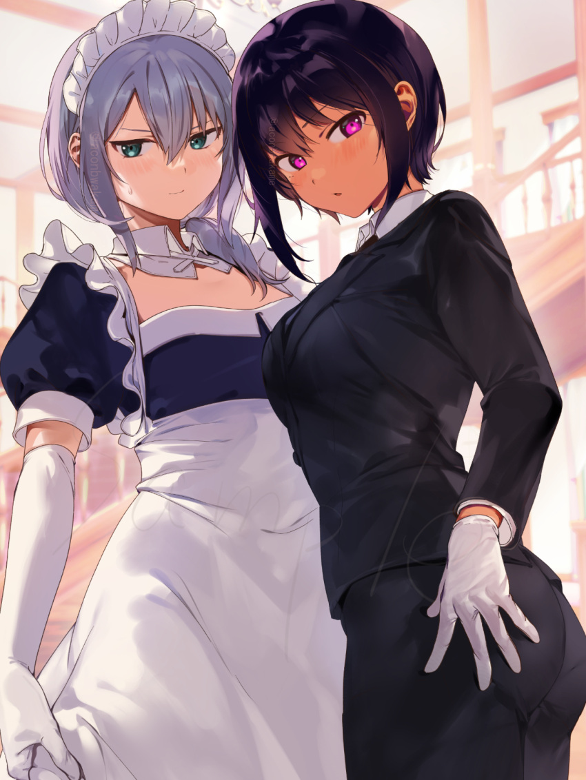 2girls, black_hair, blue_eyes, breasts, closed_mouth, commentary_request, cosplay, costume_switch, dark-skinned_female, dark_skin, elbow_gloves, female_butler, formal, gloves, grey_hair, highres, konbu_wakame, large_breasts, lilith_(saikin_yatotta_maid_ga_ayashii), looking_at_viewer, maid, maid_headdress, mole, mole_under_eye, multiple_girls, pant_suit, saikin_yatotta_maid_ga_ayashii, sample_watermark, short_hair, suit, twitter_username, violet_eyes, watermark, white_gloves