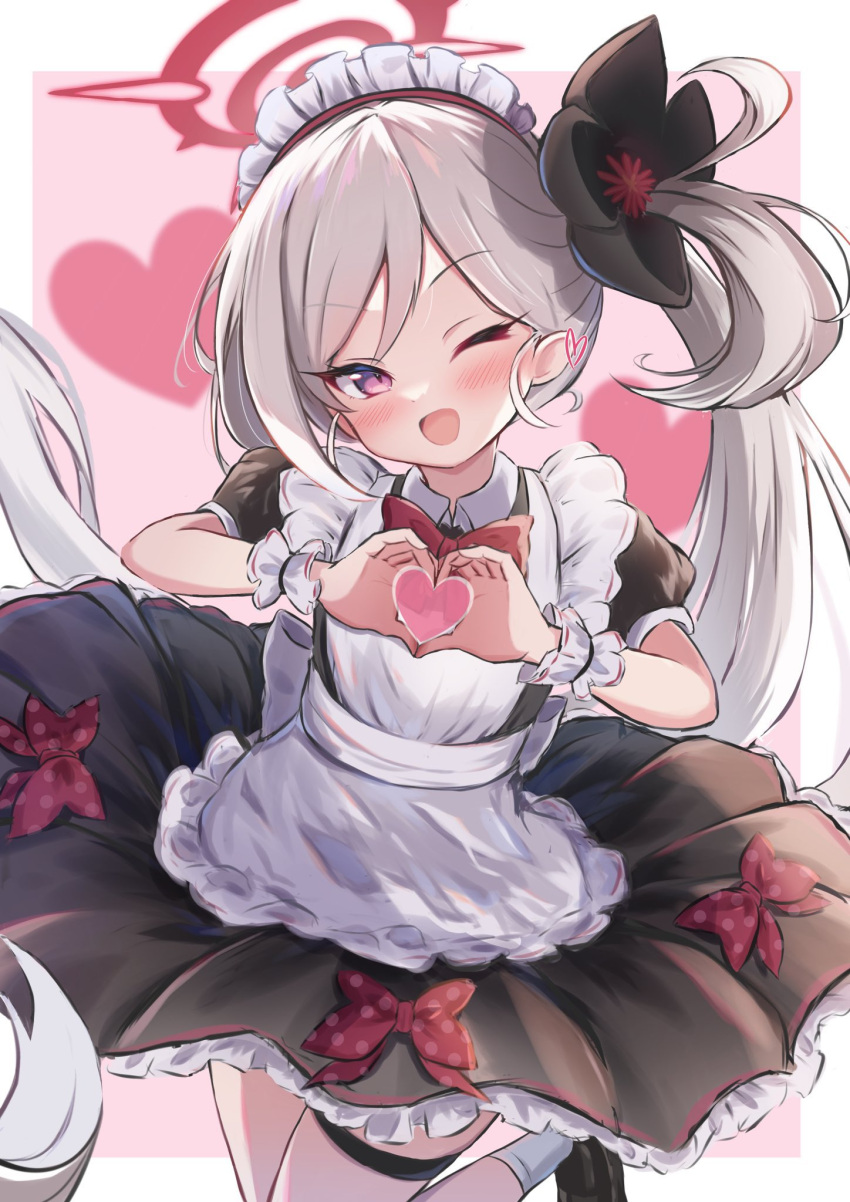 1girl, bangs, blue_archive, breasts, flower, hair_flower, hair_ornament, heart, highres, long_hair, maid, mutsuki_(blue_archive), one_eye_closed, open_mouth, side_ponytail, silver_hair, simple_background, skirt, small_breasts, smile, solo, very_long_hair, violet_eyes, xeneca