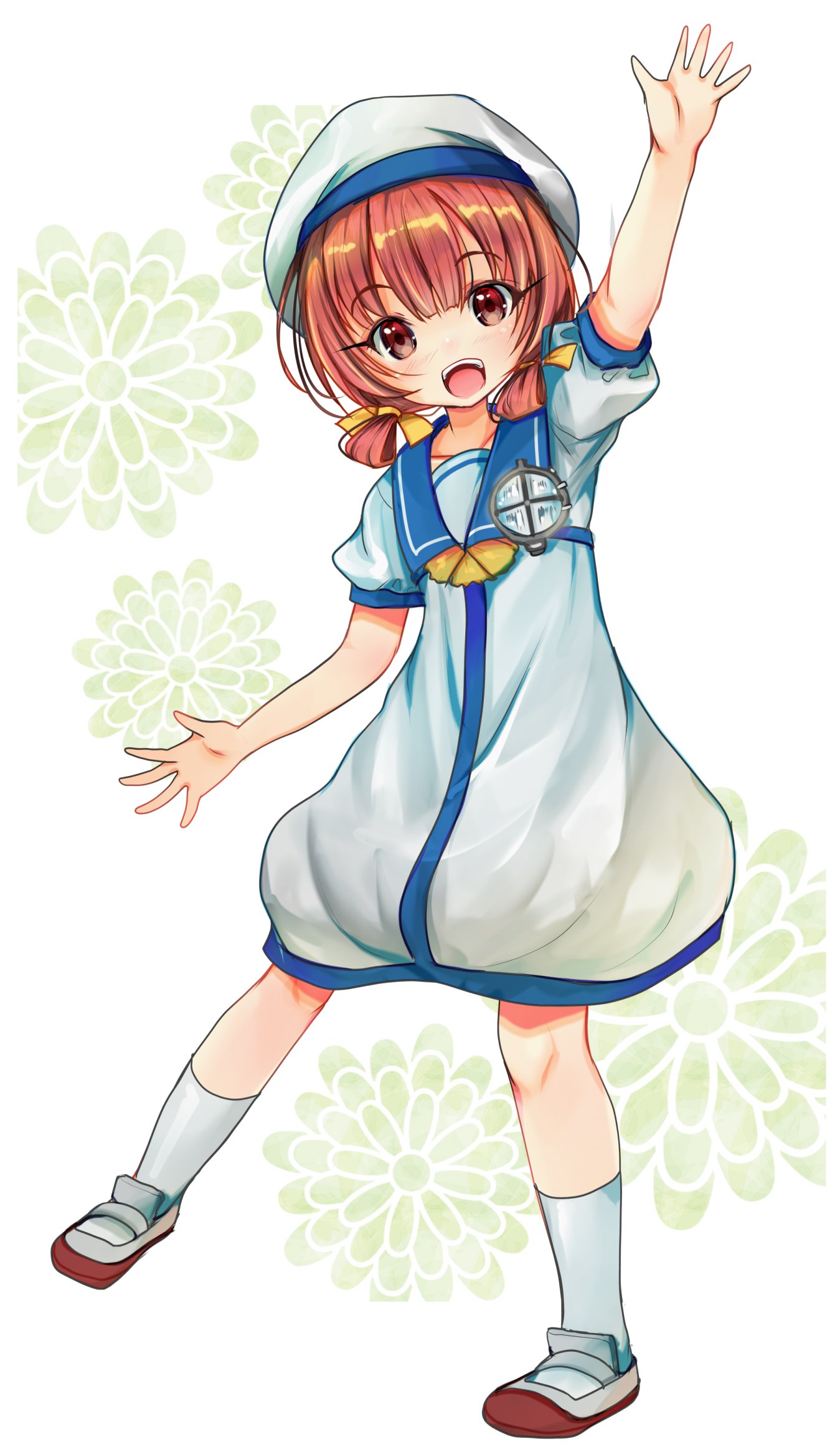 1girl, arm_up, blue_sailor_collar, brown_eyes, child, commentary_request, dress, full_body