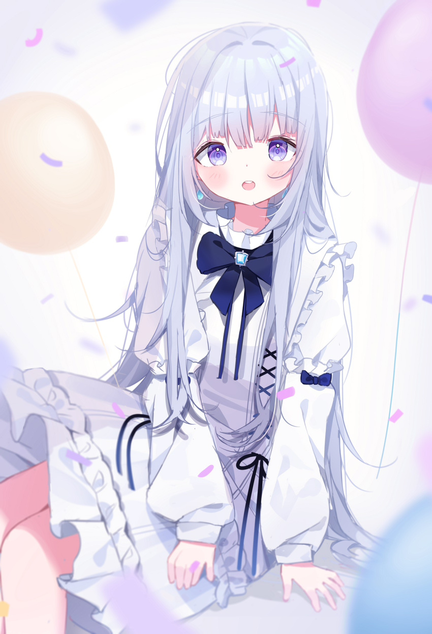 1girl, :d, balloon, bangs, blue_bow, blush, bow, commentary_request