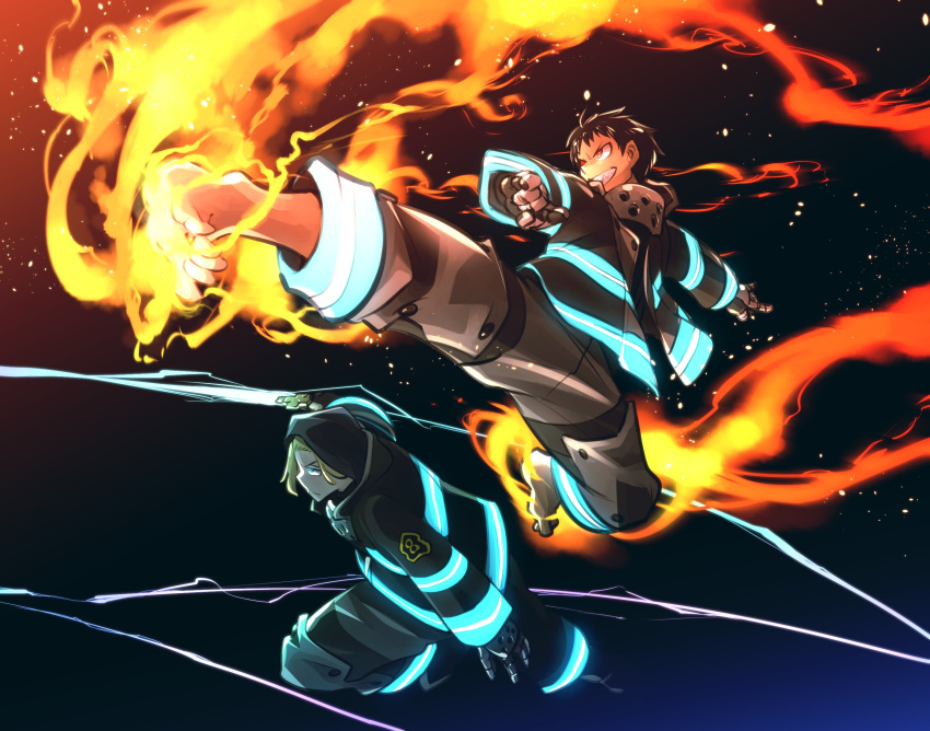 2boys, arthur_boyle, barefoot, black_eyes, black_gloves, black_jacket, black_pants, blonde_hair, blue_eyes, clenched_hand, electricity, en'en_no_shouboutai, fire, firefighter, gloves, highres, ishiyumi, jacket, kicking, male_focus, multiple_boys, pants, red_eyes, shinra_kusakabe, smile, soles, v-shaped_eyebrows