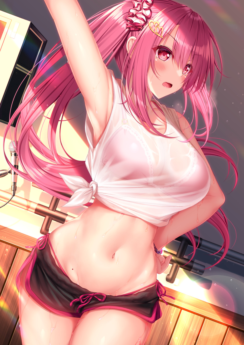 1girl, arm_up, bangs, black_shorts, bra, bra_visible_through_clothes, bracelet, breasts, commentary_request, hair_between_eyes, hair_ornament, hair_scrunchie, hand_on_hip, heart, heart_hair_ornament, highres, idol, jewelry, large_breasts, lens_flare, long_hair, microphone, moe2022, mole, mole_on_stomach, navel, open_mouth, original, panties, pink_bra, pink_hair, pink_panties, ponytail, practicing, railing, scrunchie, see-through, shirt, short_shorts, shorts, side-tie_panties, sidelocks, sleeveless, sleeveless_shirt, solo, stomach, sunlight, sweat, tied_shirt, underwear, wet, wet_clothes, white_shirt, wooden_wall, yunagi_amane