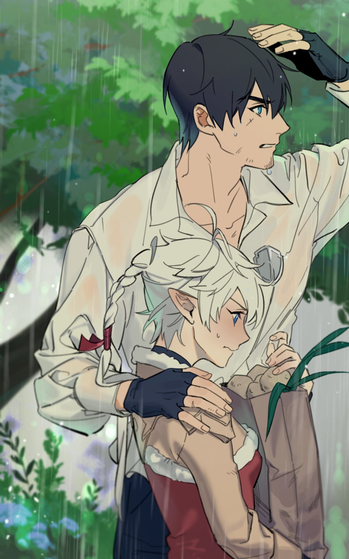 1boy, 1girl, adventurer_(ff14), alisaie_leveilleur, bag, blurry, blurry_background, blush, elezen, elf, facial_hair, final_fantasy, final_fantasy_xiv, fingerless_gloves, gloves, hand_on_another's_shoulder, highres, hyur, nokhong_y, paper_bag, pointy_ears, rain, silver_hair, stubble, sweatdrop, upper_body, wet, wet_clothes