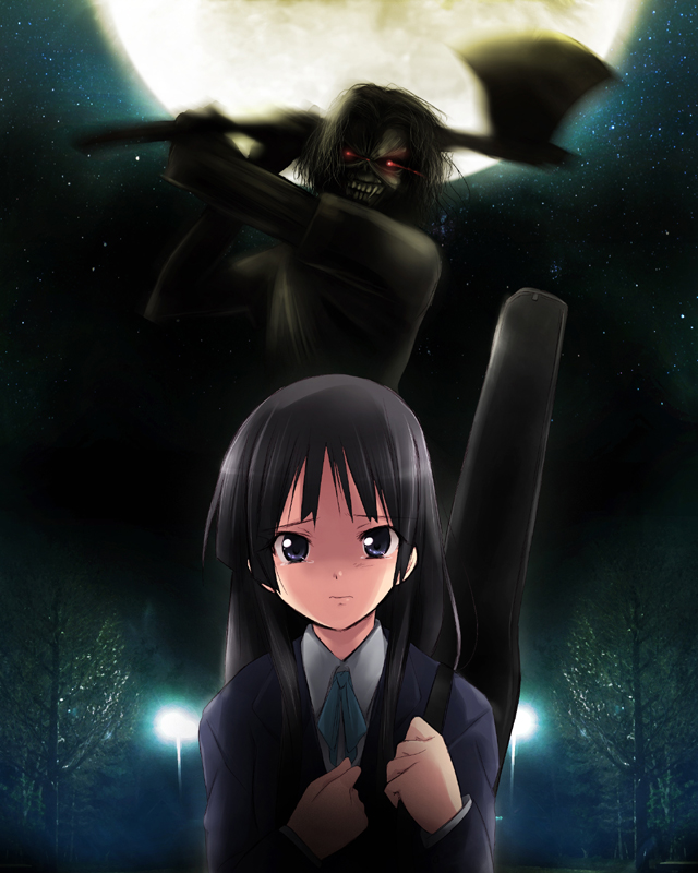 axe, bad_end, black_eyes, black_hair, creepy, crossover, eddie_the_head, glowing