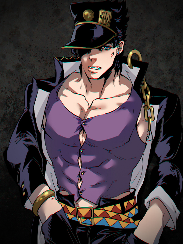 1boy, adapted_costume, anger_vein, black_hair, blue_eyes, bracelet, bursting_pectorals, buttoned_up