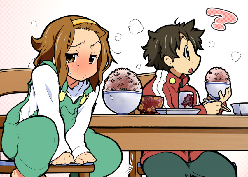 black_hair, blush, bowl, brother_and_sister, brown_eyes, brown_hair, chopsticks, food