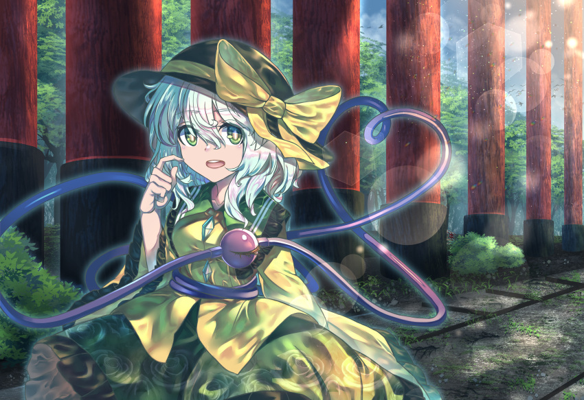 1girl, absurdres, bird, black_headwear, blouse, bow, bright_pupils, bush