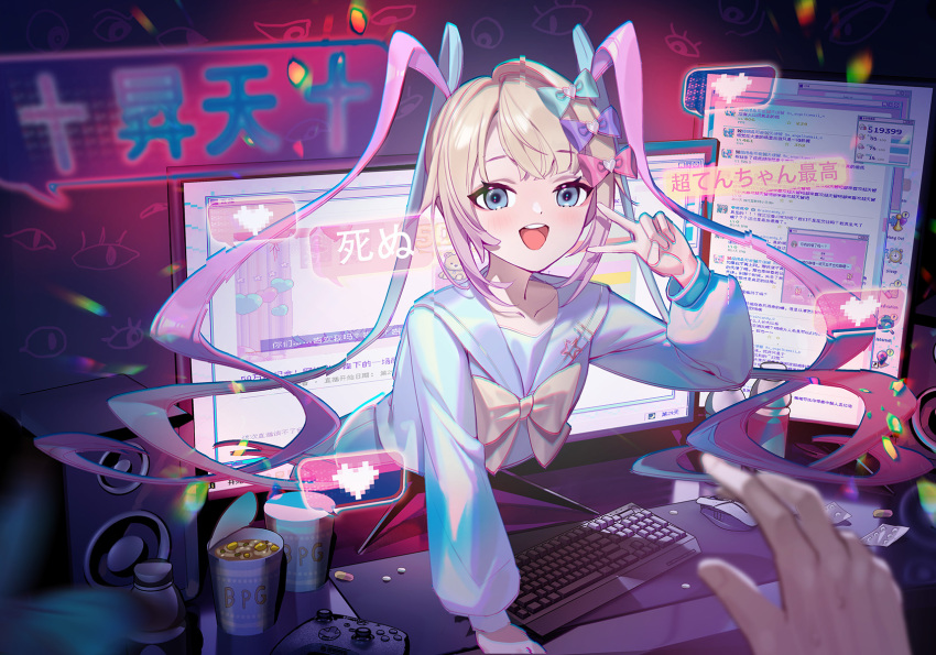 bangs, blunt_bangs, bow, chouzetsusaikawa_tenshi-chan, chromatic_aberration, collarbone, controller, dress