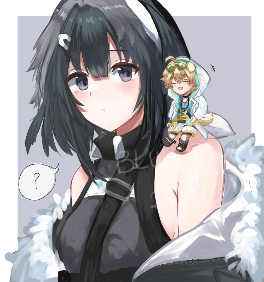 1boy, 1girl, :d, ?, ^_^, ahoge, animal_ears, arknights, bangs, bare_shoulders, black_hair, blonde_hair, blue_sealad, blue_shirt, blush, border, breasts, brother_and_sister, closed_eyes, dog_ears, eyebrows_visible_through_hair, eyewear_on_head, fur-trimmed_jacket, fur_trim, grey_background, grey_eyes, hairband, highres, jacket, la_pluma_(arknights), looking_at_viewer, medium_breasts, miniboy, off_shoulder, open_clothes, open_jacket, outside_border, shirt, short_hair, shorts, siblings, simple_background, smile, spoken_question_mark, sunglasses, tequila_(arknights), white_border, white_hairband, white_jacket, white_shorts