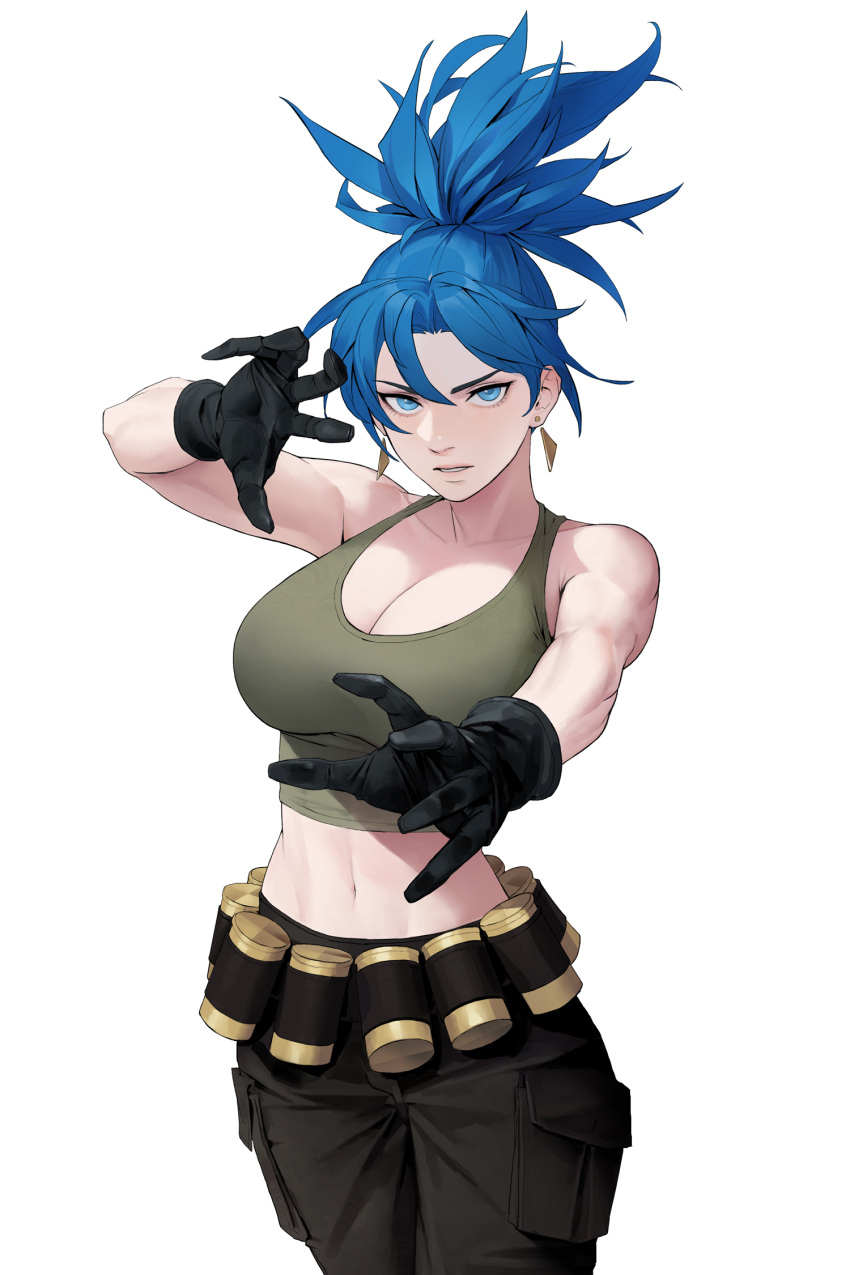 1girl, bare_shoulders, belt, blue_eyes, blue_hair, breasts, cargo_pants, dongho_kang