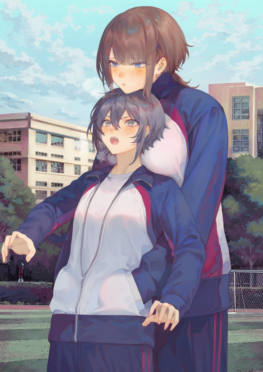2girls, bangs, black_hair, blue_eyes, blue_pants, blue_sky, blunt_bangs, blush