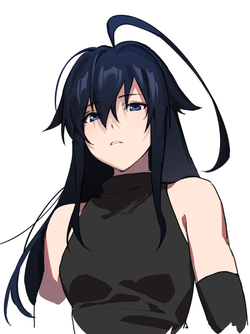 1girl, amugeona_ham, asymmetrical_gloves, black_hair, blue_eyes, fram_berge, frown, gloves