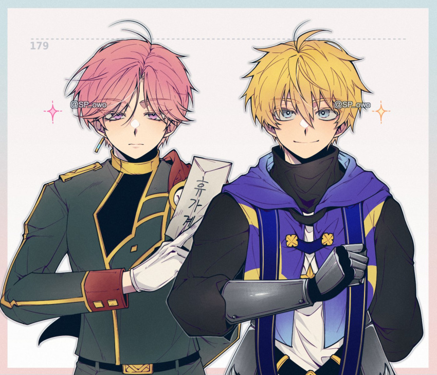 2boys, blonde_hair, blue_eyes, formal, halloween_(owo), highres, johan_talede, joshua_levinth