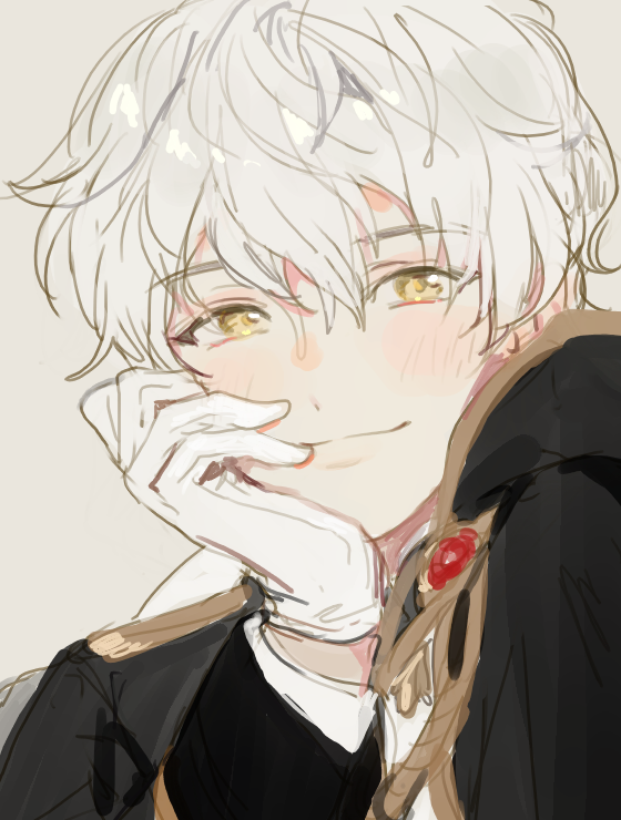 1boy, blush, formal, gloves, head_rest, kuzuvine, looking_at_viewer, lord_(lord_of_heroes)