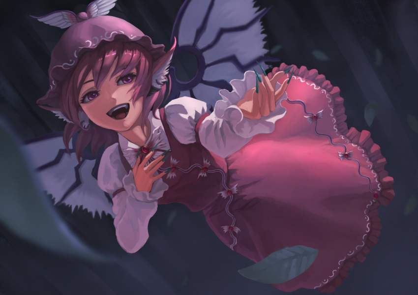 1girl, :d, animal_ears, aqua_nails, bangs, belph, bird_ears, bird_wings, commentary, dress, eyebrows_behind_hair, feathered_wings, fingernails, flying, frilled_dress, frilled_sleeves, frills, full_body, hand_on_own_chest, hat, highres, leaf, long_sleeves, looking_at_viewer, mystia_lorelei, nail_polish, open_hand, outstretched_arm, pink_dress, pink_eyes, pink_hair, pink_headwear, sharp_fingernails, shirt, short_hair, smile, solo, swept_bangs, teeth, tongue, touhou, tree, upper_teeth, white_shirt, winged_hat, wings