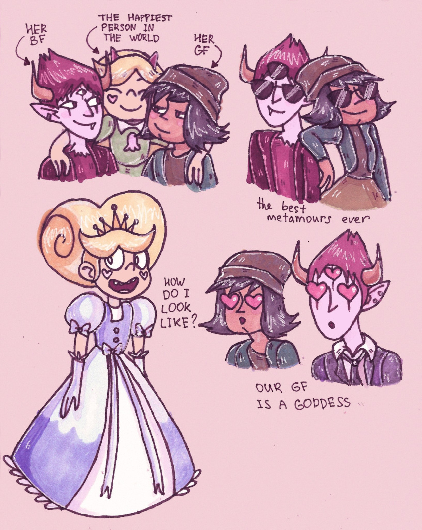 1boy, 2girls, black_hair, blonde_hair, boyfriend_and_girlfriend, janna_ordonia, redhead, star_butterfly