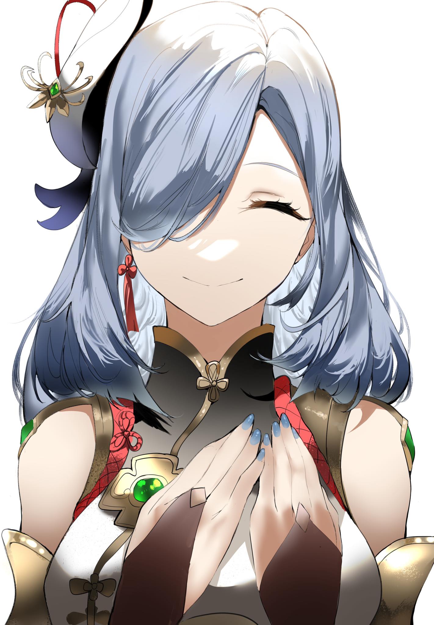 1girl, bangs, blue_nails, breasts, bridal_gauntlets, closed_eyes, closed_mouth, clothing_cutout