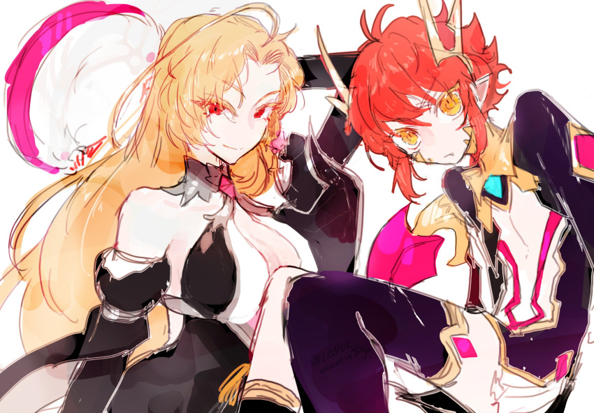 1boy, 1girl, androgynous, blonde_hair, blush, breasts, dress, highres