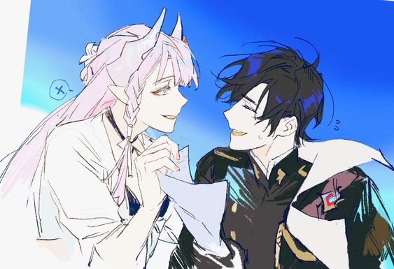 1boy, 1girl, black_hair, blue_eyes, blue_sky, closed_eyes, horns, iiii_roland
