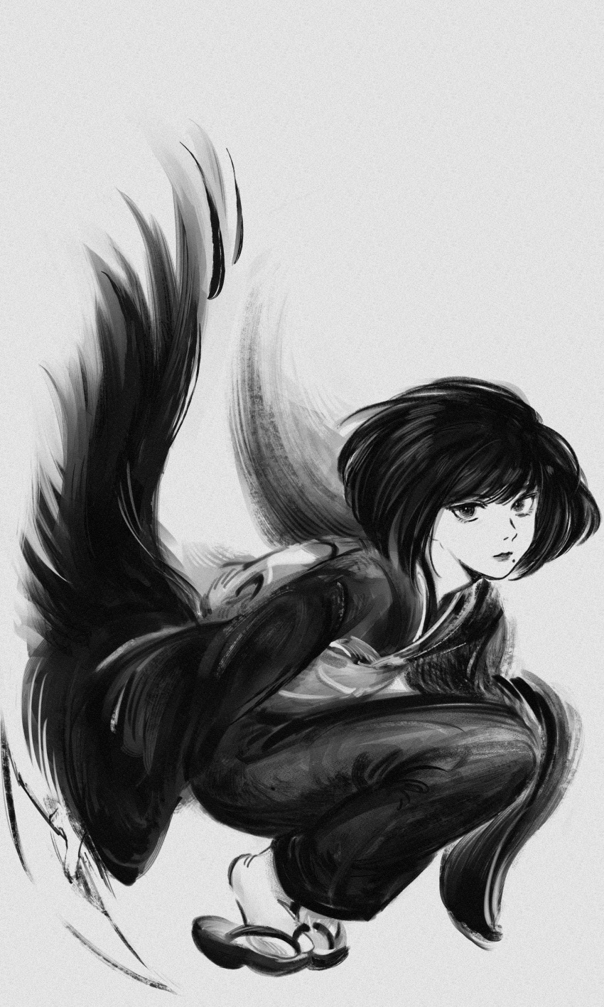 0229661, absurdres, bob_cut, folding_fan, full_body, geta, greyscale, hand_fan, highres, holding, holding_fan, holding_weapon, hunter_x_hunter, japanese_clothes, kalluto_zoldyck, kimono, lips, long_sleeves, looking_at_viewer, male_focus, mole, mole_under_mouth, monochrome, obi, otoko_no_ko, sash, short_hair, simple_background, sleeves_past_fingers, sleeves_past_wrists, solo, squatting, tabi, weapon, wide_sleeves, wings