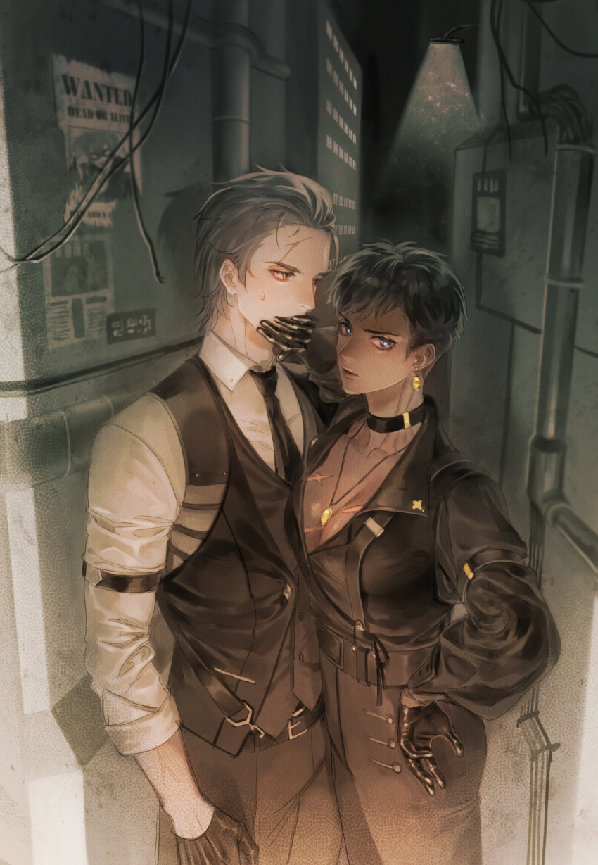 1boy, 1girl, absurdres, androgynous, black_eyes, brown_hair, dark-skinned_female, dark_skin