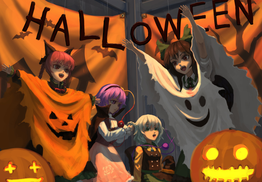4girls, :d, absurdres, adapted_costume, animal_ears, animal_print, arms_up, bad_proportions