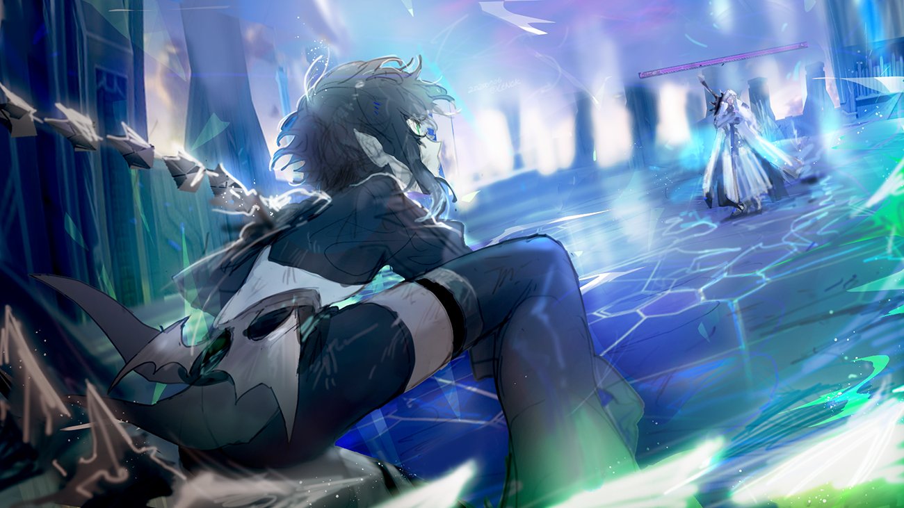 2boys, androgynous, black_hair, blue_eyes, dragon_wings, fighting, fighting_stance, kartis_claudith