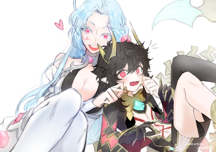 1boy, 1girl, androgynous, black_hair, blue_hair, blush, breasts, cheek_pinching