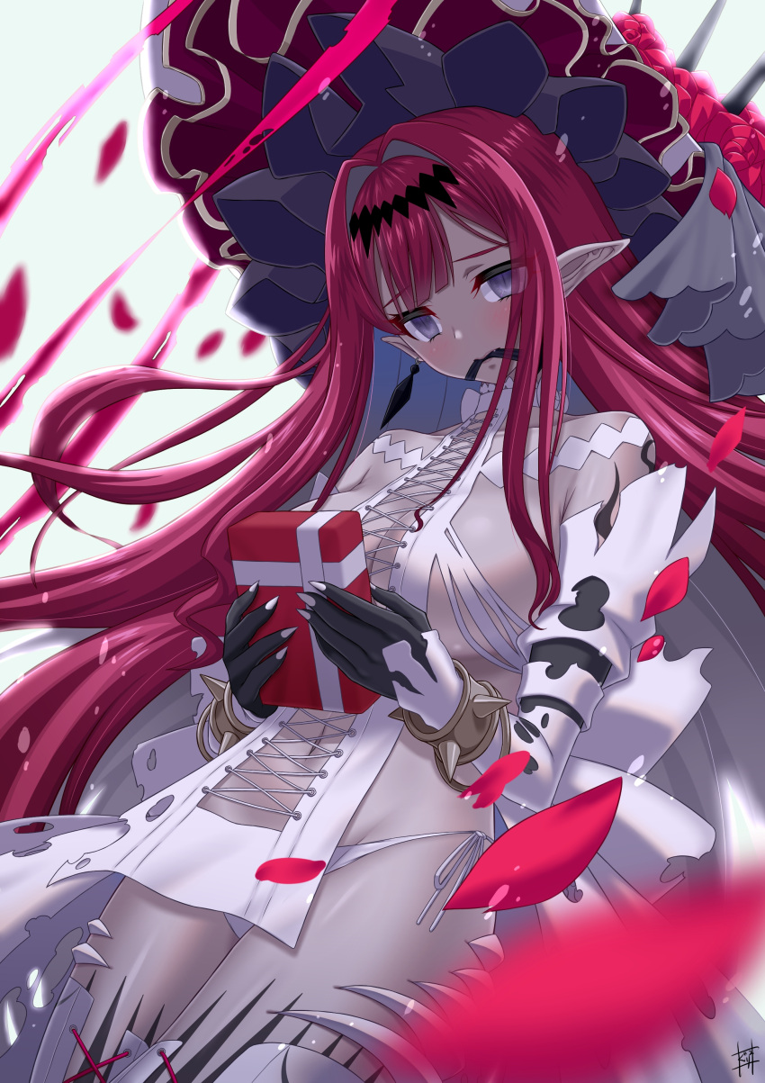 1girl, absurdres, arm_warmers, blush, box, cowboy_shot, earrings, empty_eyes