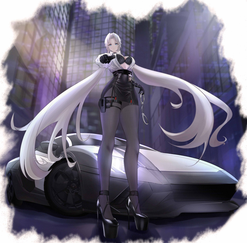 1girl, absurdres, azur_lane, bangs, belt, black_belt, black_bra, black_choker, black_footwear, black_gloves, black_legwear, black_skirt, blonde_hair, bra, breasts, car, choker, city, closed_mouth, cuffs, elbow_gloves, eyebrows_visible_through_hair, from_behind, full_body, gloves, ground_vehicle, gun, handcuffs, handgun, high_heels, highres, holding, holding_gun, holding_handcuffs, holding_weapon, id_card, kronshtadt_(azur_lane), kronshtadt_(begin_the_rush!)_(azur_lane), light_blue_eyes, long_hair, looking_at_viewer, low_twintails, magicc, medium_breasts, motor_vehicle, open_clothes, open_shirt, pantyhose, pencil_skirt, pistol, police, police_uniform, policewoman, shirt, skirt, solo, standing, twintails, underwear, uniform, very_long_hair, weapon, white_shirt