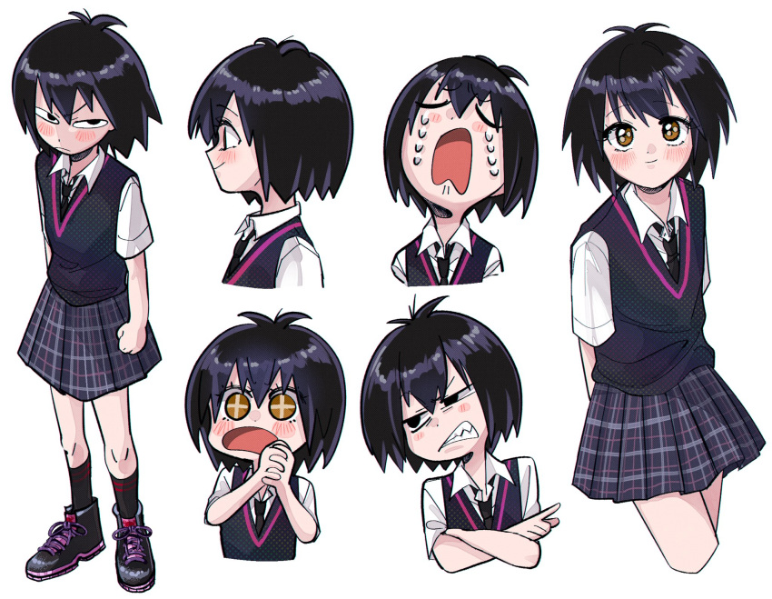 1girl, angry, arms_behind_back, black_footwear, black_hair, black_legwear, black_necktie, black_sweater_vest, blush, brown_eyes, clenched_hand, clenched_teeth, closed_mouth, collared_shirt, crossed_arms, crying, from_side, full_body, half-closed_eyes, highres, looking_at_viewer, marvel, multiple_views, necktie, open_mouth, own_hands_together, peni_parker, school_uniform, shakata_(syakatan), shirt, shoes, short_hair, short_sleeves, skirt, smile, socks, solo, spider-man:_into_the_spider-verse, spider-man_(series), sweater_vest, tears, teeth, tsundere, white_shirt