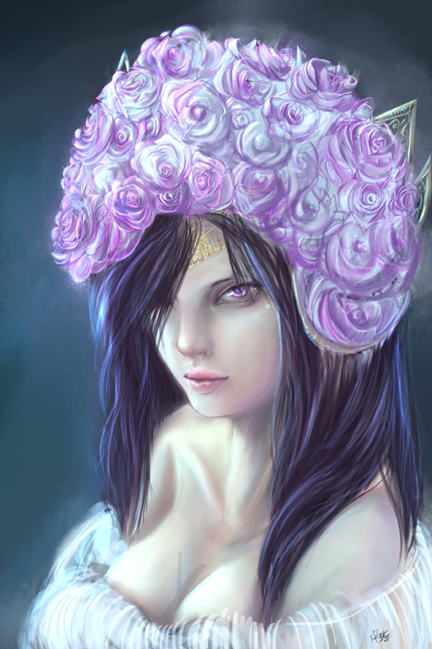 black_hair, breasts, circlet, creepy, crown, deviantart, dress, face