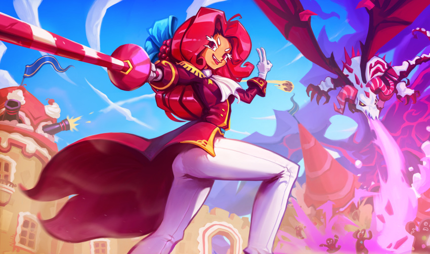 1girl, cannon, castle, cookie_run, curly_hair, dragon, fire, flag