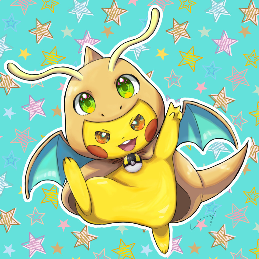 :d, absurdres, arm_up, cape, commentary_request, cosplay, dragonite, dragonite_(cosplay)