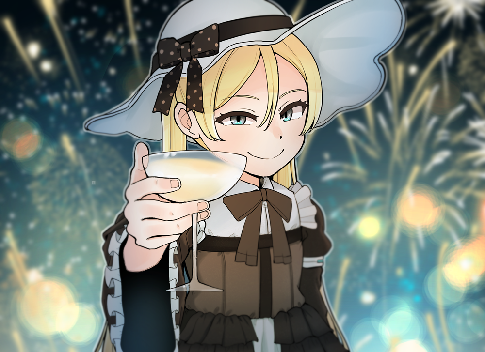 1girl, alcohol, blonde_hair, blue_eyes, champagne, champagne_flute, cjrb1228, cup
